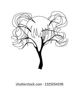 Drawing of a tree with foliage hair. Silhouette of a tree with a female hairstyle. Vector tree. Wavy tails tree branches