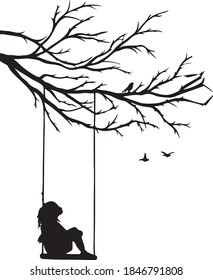 Drawing Tree Girl Swing Silhouette Postcard Logo