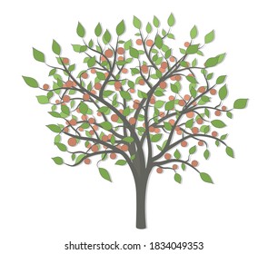 Dibujo de un árbol con hojas verdes y frutos rojos de diferentes tamaños y tonos sobre un fondo blanco