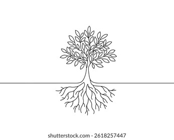 drawing of tree with leaves and big root. continuous one line sketch. vector illustration isolated on white background