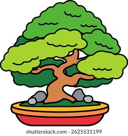 A drawing of a tree in a pot. The tree is green and has brown leaves. The pot is red and orange