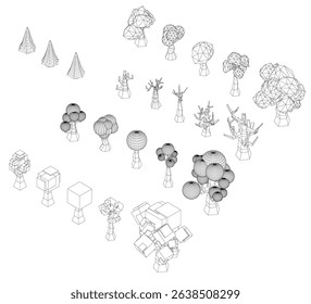 A drawing of trees with a lot of detail. The trees are of various sizes. Scene is one of complexity and detail