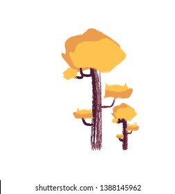 Dibujo de árboles de diferentes alturas con troncos marrones tonos vivos de ramas amarillas y laterales dibujo de color vectorial o ilustración