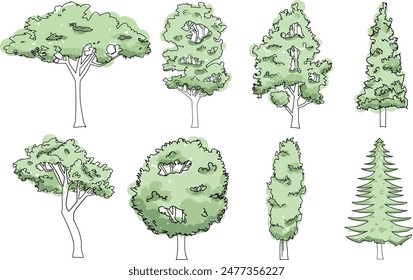 Drawing trees in line art. Hand drawn doodles trees and bushes.tree sketches summer spring trees isolated on white