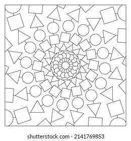 Drawing of triangles, squares, circles, which are connected by lines and form a spiral. Easy coloring page suitable for digital detox. 