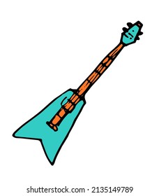 the drawing of a triangular turquoise guitar with an orange neck. hand-drawn guitar for metal, musical instrument, insulated on white for label design template, packaging
