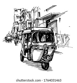 Drawing of the tricycle at local market in India 