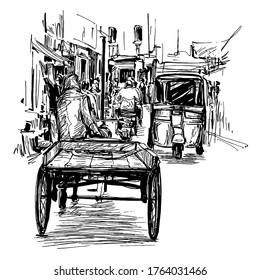Drawing of the tricycle at local market in India 