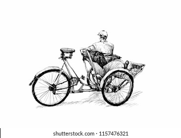 Drawing of tricycle man siting and waiting customer along street in Ho Chi Minh cith, Vietnam