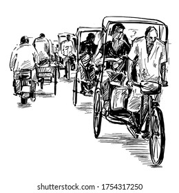 Dibujo de triciclo en las calles de la India 