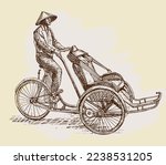 Drawing of tricycle riding in Ho Chi Minh city, Vietnam. Saigon Cyclo vector 