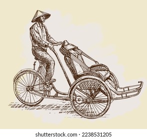 Drawing of tricycle riding in Ho Chi Minh city, Vietnam. Saigon Cyclo vector 