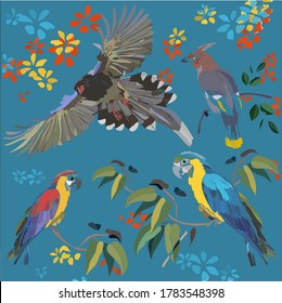 drawing of a tropical flower and a flying bird with spread wings vector image