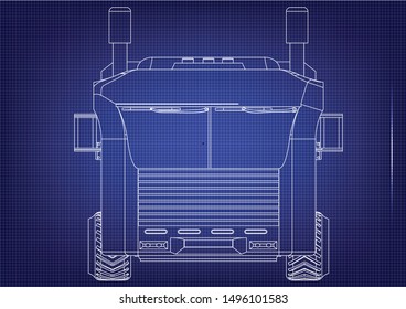 Drawing of a truck on a blue background. A machine