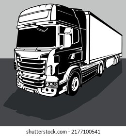 Drawing of a Truck with a Trailer - Black Illustration Isolated on Background, Vector
