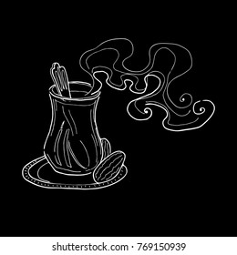Drawing of a Turkish glass of tea with dates on a chalkboard