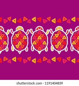 Drawing In Turtle. Mola Art From Panama. Ethnic Boho Seamless Pattern. Can Be Used For Wallpaper, Textile, Invitation Card, Wrapping, Web Page Background.