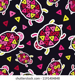 Drawing In Turtle. Mola Art From Panama. Ethnic Boho Seamless Pattern. Can Be Used For Wallpaper, Textile, Invitation Card, Wrapping, Web Page Background.