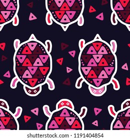 Drawing In Turtle. Mola Art From Panama. Ethnic Boho Seamless Pattern. Can Be Used For Wallpaper, Textile, Invitation Card, Wrapping, Web Page Background.