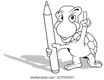 Drawing of a Turtle Pointing with his Finger and Holding a Felt Tip Pen - Cartoon Illustration Isolated on White Background, Vector