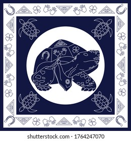 drawing of a turtle with symbols of good luck for a bandana, head scarf. Vector illustration in dark blue and white.