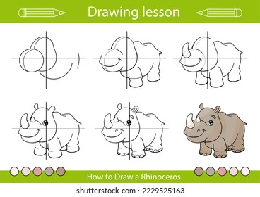 Drawing tutorial and art lesson. How to draw a Rhinoceros. Kids activity page. Children education step by step worksheet. Vector illustration.