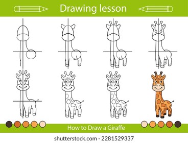 Dibujar tutorial y lección de arte. Cómo dibujar animales. Página de actividad infantil. Hoja de trabajo paso a paso para la educación de los niños. Ilustración vectorial de la jirafa.