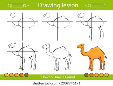 Drawing tutorial  Art lesson how to draw animals  Kids activity page  Children education step by step worksheet  Vector illustration camel 