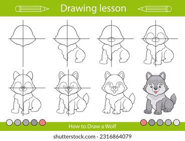 Drawing tutorial and art lesson. How to draw cartoon animals. Children activity page. Kids education step by step worksheet. Vector illustration of wolf.