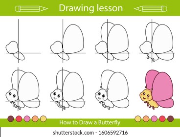 Drawing tutorial a butterfly. Step by step repeats the picture. Drawing lesson for children. Actives worksheets with cartoon animals. Kids funny activity art page. Vector illustration.
