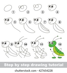 Drawing tutorial for children. Easy educational kid game. Simple level of difficulty. How to draw the Grasshopper