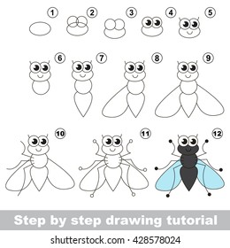 Drawing tutorial for children. Easy educational kid game. Simple level of difficulty. How to draw the Funny fly