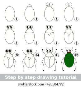 Drawing tutorial for children. Easy educational kid game. Simple level of difficulty. How to draw The bronze bug