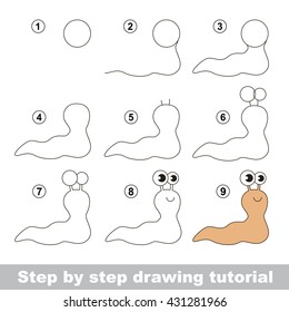 Drawing tutorial for children. Easy educational kid game. Simple level of difficulty. Kid education and gaming. How to draw The Slug.