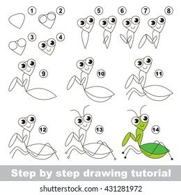 Drawing tutorial for children. Easy educational kid game. Simple level of difficulty. Kid education and gaming. How to draw The Mantis.