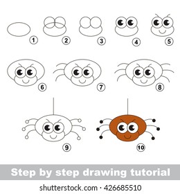 Drawing tutorial for children. Easy kid game. Simple level of difficulty. How to draw the The funny spider