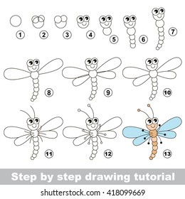 Drawing tutorial for children. How to draw the funny dragonfly.