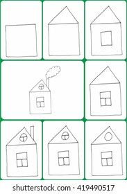 Drawing tutorial for children. How to draw a house step by step