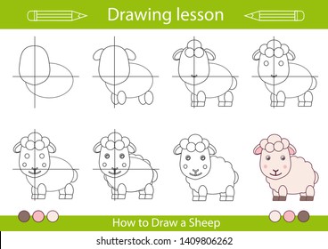 Drawing tutorial a cute sheep. Step by step repeats the picture. Drawing lesson for children. Actives worksheets with cartoon animals. Kids funny activity art page. Vector illustration.