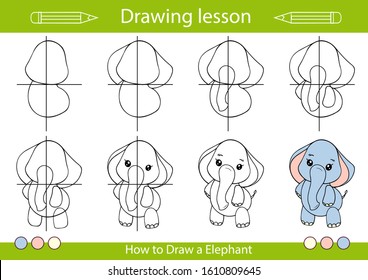 Drawing tutorial a elephant. Step by step repeats the picture. Drawing lesson for children. Actives worksheets with cartoon animals. Kids funny activity art page. Vector illustration.