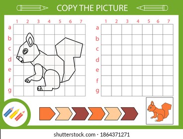 Drawing tutorial funny squirrel. Copy the picture using grid. Activity page for book. Coloring page. Drawing lessons. Children funny education riddle. Vector illustration.