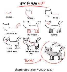 Drawing tutorial. How to draw a cat. Step by step.