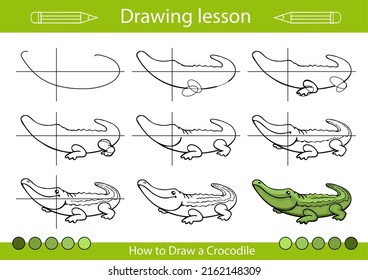 Drawing tutorial. How to draw a crocodile. Educations worksheet and activity page. Children step by step art lessons vector illustration.