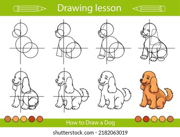 Tutorial de dibujo. Cómo dibujar a un perro. Hoja de trabajo para niños y página de actividad. Educación infantil paso a paso clases de arte. Ilustración vectorial.