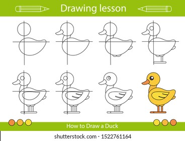 Drawing tutorial. How to draw a duck. Step by step repeats the picture. Drawing lesson for children. Actives worksheets with cartoon animals. Kids activity art page. Vector illustration.