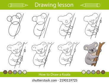 Drawing tutorial. How to draw a koala. Kids education worksheet and activity page. Children step by step art lessons. Vector illustration.