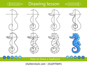 Drawing tutorial. How to draw a seahorse. Kids worksheet and activity page. Children education step by step art lessons. Vector illustration.