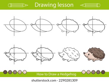 Drawing tutorial and kids art lesson. How to draw animals. Kids activity page. Children education step by step worksheet. Vector illustration of hedgehog.