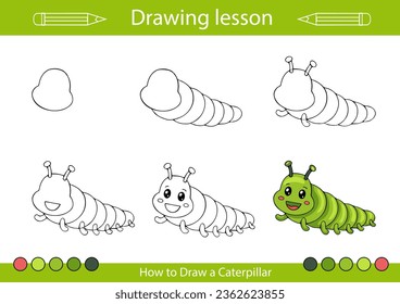 Dibujando clases de arte para niños con tutorial. Cómo dibujar un insecto. Página de actividad infantil. Hoja de trabajo paso a paso para la educación de los niños. Ilustración vectorial de la oruga.