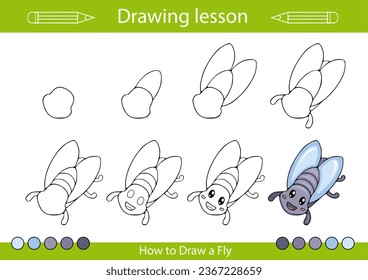 Dibujando clases de arte para niños con tutorial. Cómo dibujar un insecto. Página de actividad infantil. Hoja de trabajo paso a paso para la educación de los niños. Ilustración vectorial de la mosca.